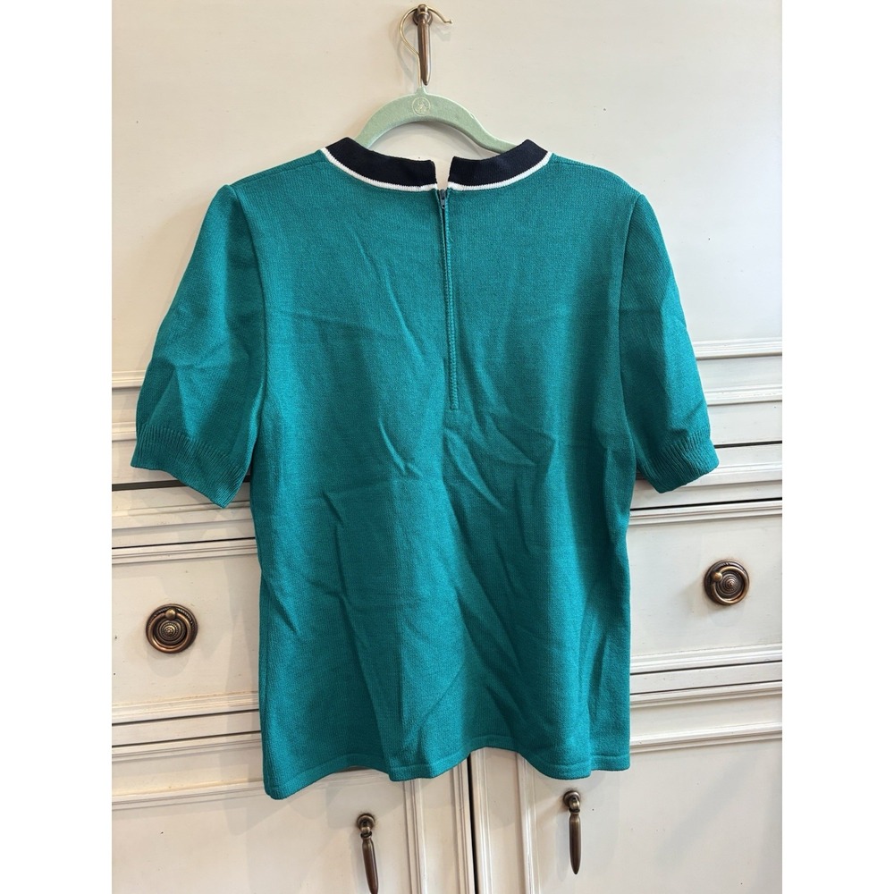Vintage St. John Short Sleeve Teal Knit Sweater Size Large Made USA Old Money - Picture 3 of 8